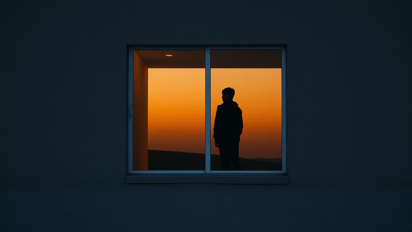 Silhouette einer Person im Fenster bei Abendlicht als Sinnbild für Selbstreflexion